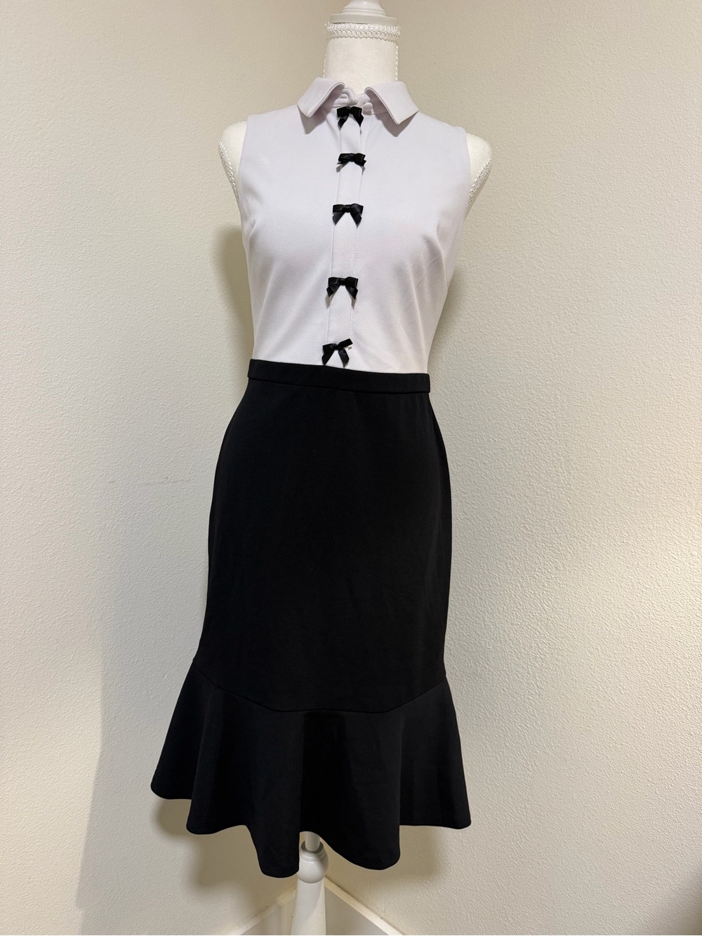 Karl Lagerfeld Black & White Tuxedo Sleeveless Midi Flare Skirt Dress Bow